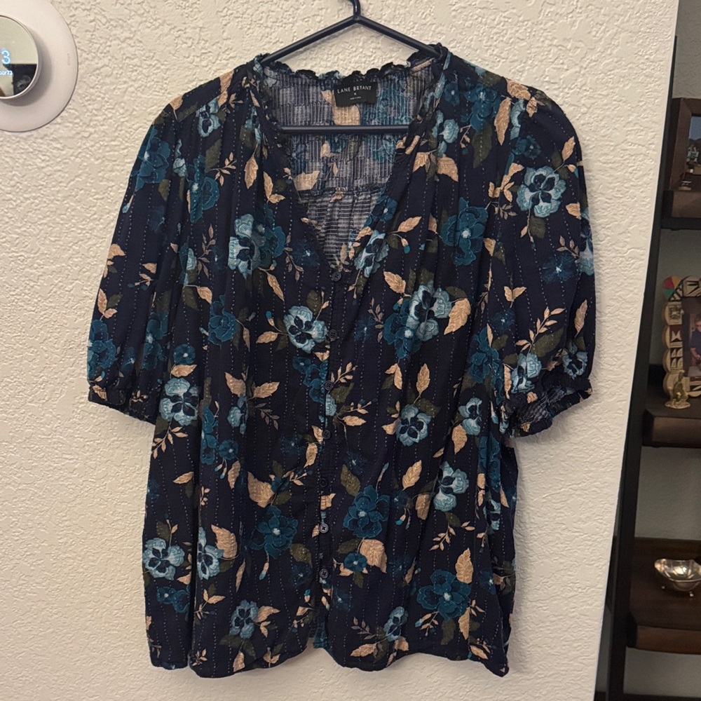 Lane Bryant Navy Teal Floral Button-Front Blouse